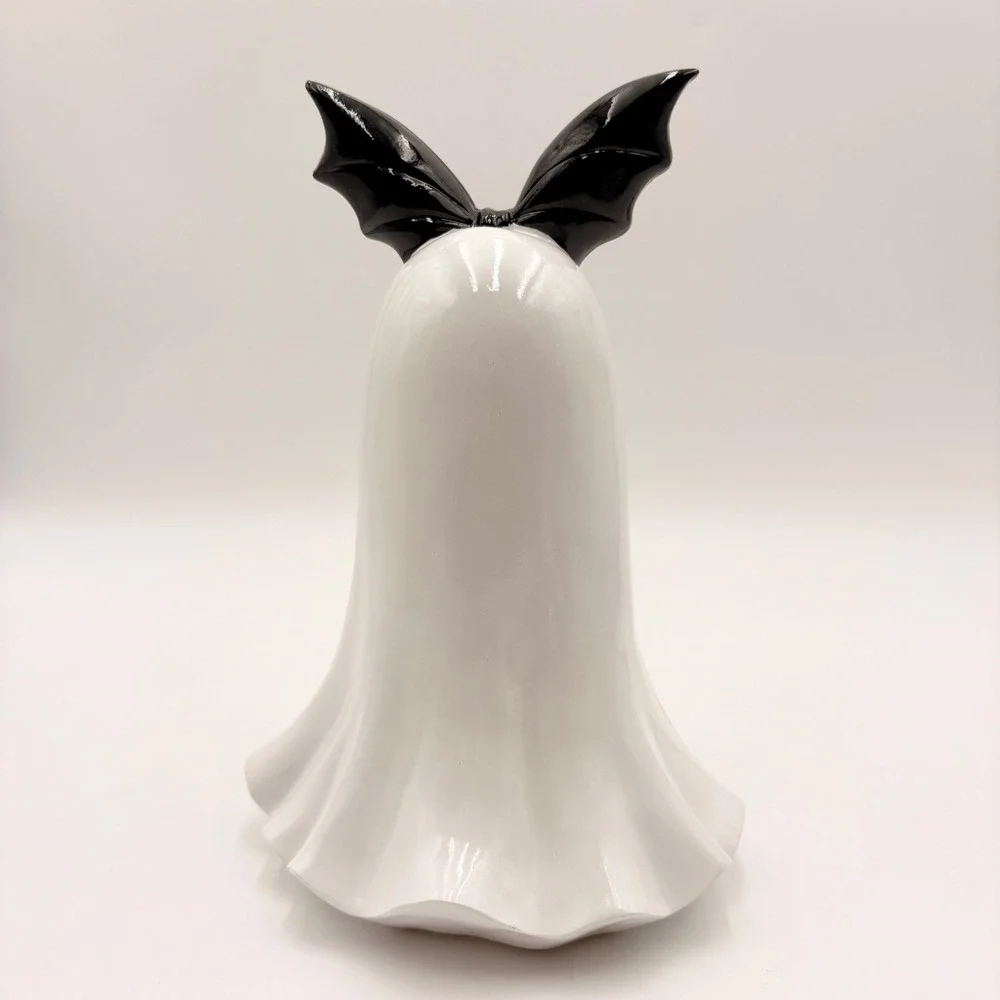 Halloween Ghost Figurine with Black Cat and Bat Wing Bow Decor